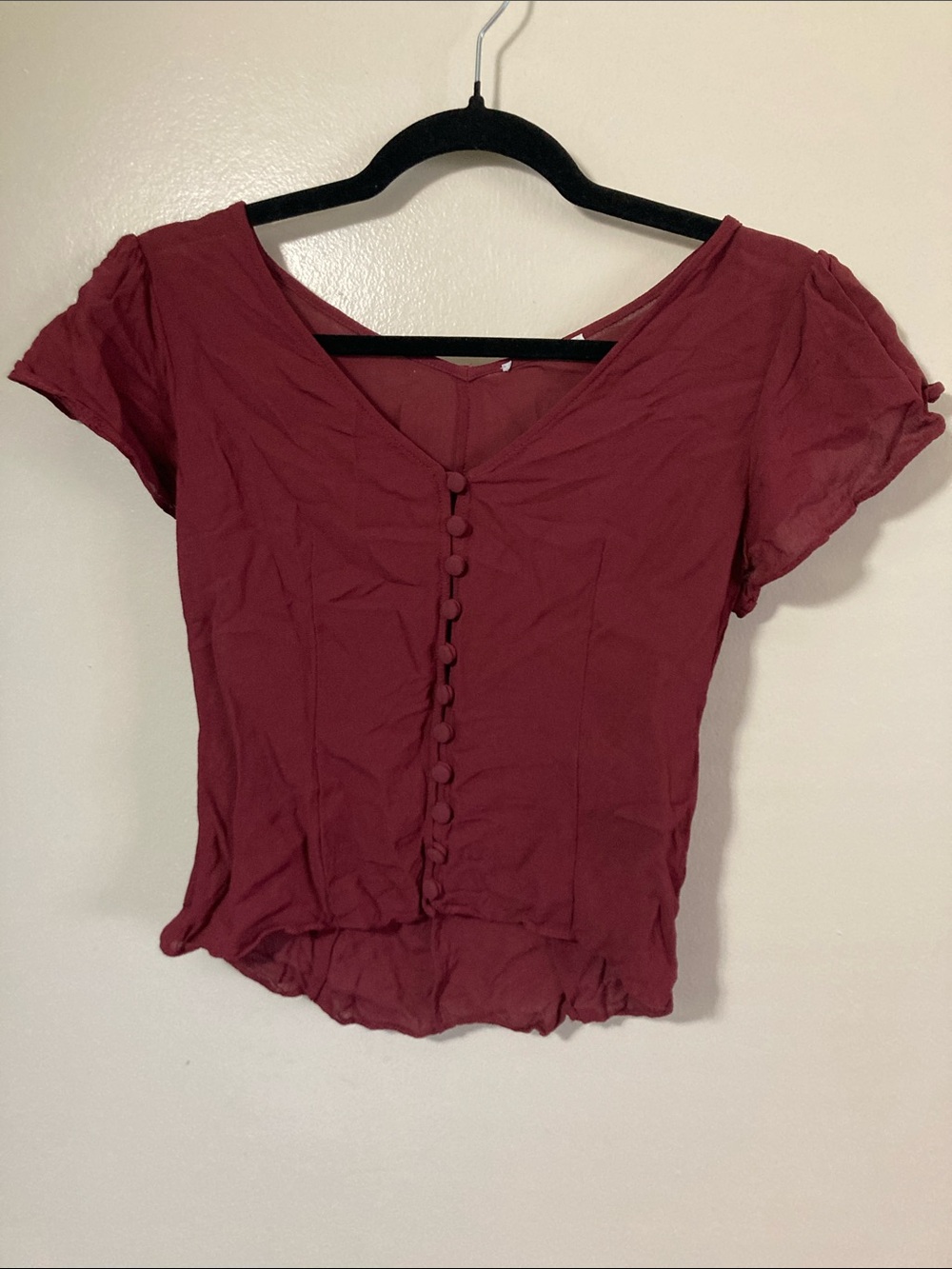 V-Neck Button-Front Blouse in Burgundy